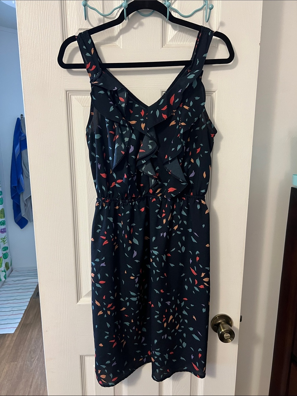 Mossimo Supply Co. Navy Ruffle Sundress with Multi-Color Leaf Print